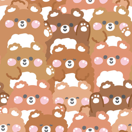Repeat.Seamless pattern of cute teddy bear in various poses background.Wild animal character cartoon design.Image for card,sticker,paper note,baby product.Kawaii.Vector.のイラスト素材