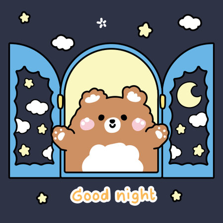 Cute teddy bear open the window with moon star and cloud on night sky background.Good night text.Wild animal character cartoon design.Image for card,sticker,baby product.Kawaiiのイラスト素材
