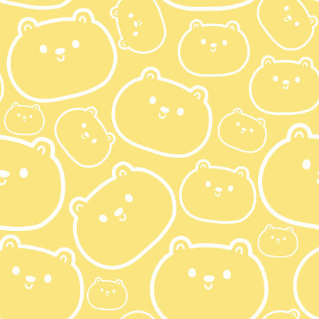 Seamless pattern of cute teddy bear face on yellow background.Head.White line hand drawn.Wild animal character cartoon design.Kawaii.Vector.Illustration.のイラスト素材