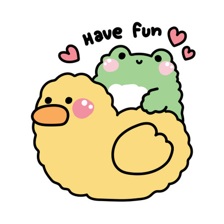 Cute frogs stay on big duck.Have fun text.Heart.Reptile animal character cartoon design.Image for card,poster,sticker,baby product.Kawaii.Vector.Illustration.のイラスト素材