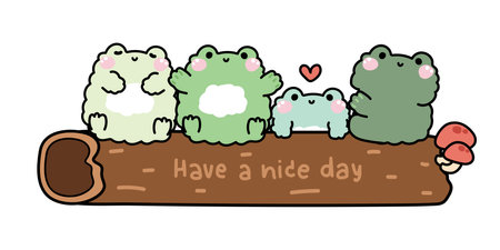 Cute frogs stay on wood have mushroom.Have a nice day text.Wild.Jungle.Reptile animal character cartoon design.Image for card,poster,sticker,baby product.Kawaii.Vector.Illustrationのイラスト素材