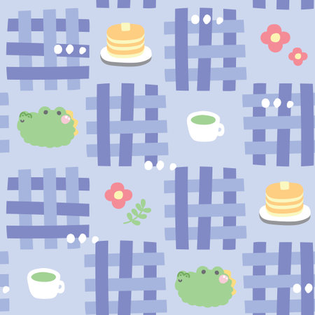 Seamless pattern of cute face crocodile with icon on background.Pastel.Reptile animal head character cartoon design.Flower,leaf,tea cup,pancake hand drawn.Kawaii.Vector.のイラスト素材
