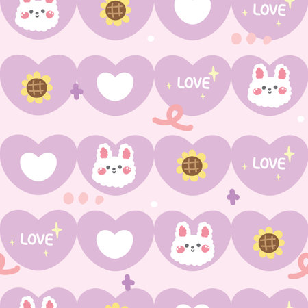 Seamless pattern of cute face rabbit with icon on background.Pastel.Bunny.Rodent animal head character cartoon design.Sunflower,heart,love text hand drawn.Kawaii.Vector.のイラスト素材