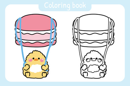 Coloring book.Painting book for kid.Cute chicken parachute macaron shape cartoon hand drawn.Bakery.Farm animal character.Kawaii.Vector.Illustration.のイラスト素材