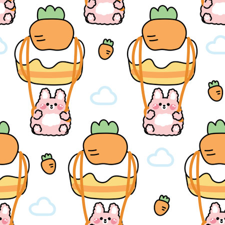 Seamless pattern of cute rabbit parachute carrot cake shape cartoon on sky cloud background hand drawn.Bunny.Easter.Bakery,sweet,dessert.Rodent animal character.Kawaii.Vector.のイラスト素材