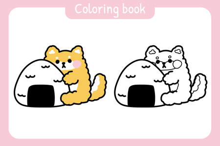Coloring book.Painting book for kid.Cute shiba inu dog sit to hold rice ball.Japanese pet animal and food cartoon character design.Kawaii.Vector.Illustration.のイラスト素材