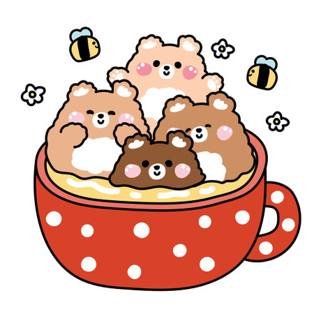 Cute teddy bears various poses in big honey cup with flower and bee on white background.Wild animal character cartoon design.Kawaii.Vector.Illustration.のイラスト素材
