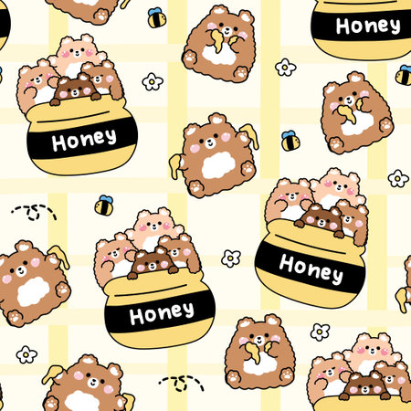 Seamless pattern of cute teddy bears various poses in big honey jar with flower and bee background.Bear eat honey.Wild animal character cartoon design.Kawaii.Vector.Illustration.のイラスト素材