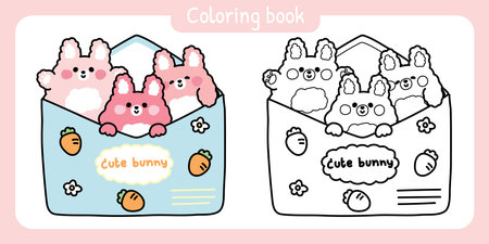 Coloring book.Painting book for kid.Cute bunny rabbit in paper mail have carrot and flower cartoon design.Message.Card.Rodent animal character.Kawaii.Vector.Illustration.のイラスト素材