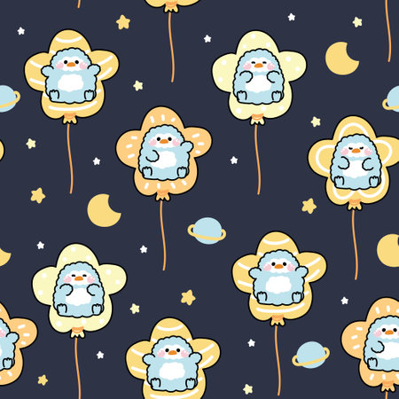 Seamless pattern of cute pengun in balloon with planet star and moon galaxy background.Bubble.Bird animal character cartoon design.Image for card,poster,baby clothing.Kawaii.Vectorのイラスト素材