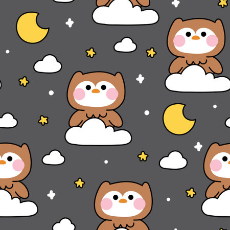 Seamless pattern of cute owl stay on cloud at night sky background.Moon.Star.Halloween.Bird animal character cartoon design.Kawaii.Vector.Illustration.のイラスト素材