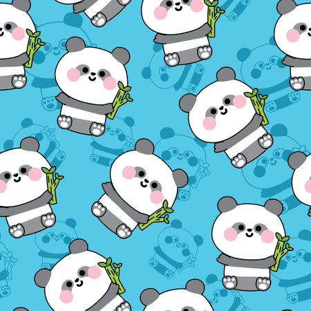 Seamless pattern cute panda bear sit and hold bamboo on line background.Chinese wild animal character cartoon design.Kawaii.Vector.Illustration.のイラスト素材