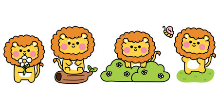 Set of cute various poses lion in jungle.Nature.Wildlife.Grass,butterfly,flower,wood hand drawn.Animal character cartoon design.Baby graphic.Kawaii.Vector.Illustration.のイラスト素材