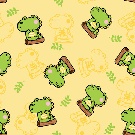 Seamless pattern of cute crocodile sit on wood with leaf line hand drawn background.Reptile animal character cartoon design.Image for card,print screen,baby clothing.Kawaii.Vector.のイラスト素材