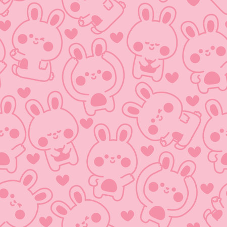 Seamless pattern of cute rabbit bunny in various feeling and poses with heart line hand drawn background.Emotional.Easter.Rodent animal character cartoon design.Kawaii.Vector.のイラスト素材