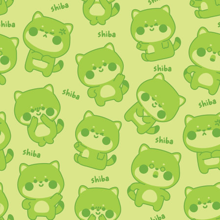 Seamless pattern of cute shiba inu dog in various poses line hand drawn with shiba is name dog text green background.Japanese pet animal character cartoon design.Kawaii.Vector.のイラスト素材
