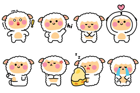 Set of cute sheep in various feeling and poses.Emotional.Love.Hi.Angry.Sad.Farm animal character cartoon design.Image for card,sticker,decorated,baby product.Kawaii.Vector.のイラスト素材