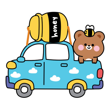 Cute teddy bear stay on cloud pickup truck car with honey bee.Traffic.Vehicle.Wild animal character cartoon hand drawn design.Kawaii.Vector.Illustration.のイラスト素材