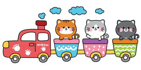 Cute cats stay on train.Traffic.Vehicle.Meow.Pet animal character cartoon design.Hand drawn.Image for card,poster,baby clothing.Kawaii.Vector.Illustration.のイラスト素材