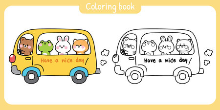 Coloring book.Painting book for kid.School.Page.Cute animals stay on bus.Vehicle.Teddy bear,frog,rabbit bunny,shiba inu dog.Animal character cartoon.Kawaii.Vector.Illustration.のイラスト素材