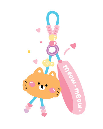 Cute cat face head keychain bag with bead.Fish hand drawn.Pet animal cartoon.Meow.Image for card,sticker,decoration item.Kawaii.Vector.Illustration.のイラスト素材