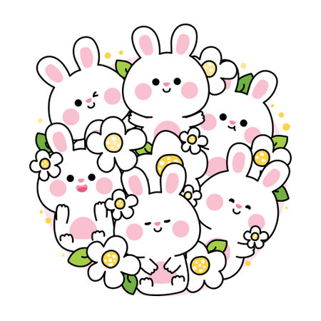 Cute rabbits bunny various poses stay in circle shape frame with flower and leaf.Floral.Nature.Rodent animal character cartoon design.Kawaii.Vector.Illustration.のイラスト素材