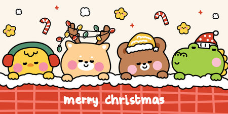 Merry christmas.Happy new year festival.Winter.Set of cute animals sleeping with blanket.Chicken,deer,teddy bear,crocodile.Star.Candy.Snow.Kawaii.Vector.Illustration.のイラスト素材