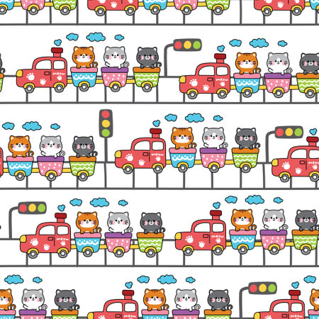 Seamless pattern of cute cats stay on train white background.Vehicle.Meow.Pet animal character cartoon design.Railway tracks.Traffic.Kawaii.Vector.Illustration.のイラスト素材