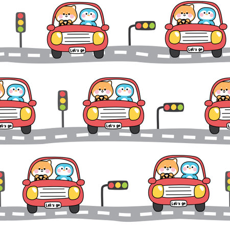 Seamless pattern of cute shiba inu dog with penguin drive car on the road background.Vehicle.Traffic.Japanese pet and bird animal character cartoon.Kawaii.Vector.Illustration.のイラスト素材