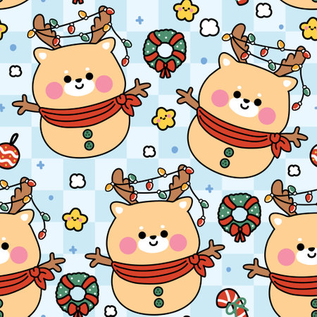 Merry christmas.Happy new year festival.Winter.Seamless pattern of cute deer wear scarf in snowman with star and candy.Christmas light.Wild animal character cartoon.Kawaiiのイラスト素材