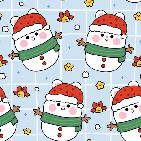 Merry christmas.Happy new year festival.Winter.Seamless pattern of cute rabbit bunny wear santa hat and scarf in snowman with star.Rodent animal character cartoon.Kawaii.Vector.のイラスト素材