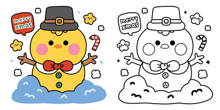 Coloring book.Painting book for kid.Merry christmas.Happy new year festival.Cute chicken wear hat and bow in snowman with merry xmas text.Candy.Star.Farm bird animal characterのイラスト素材