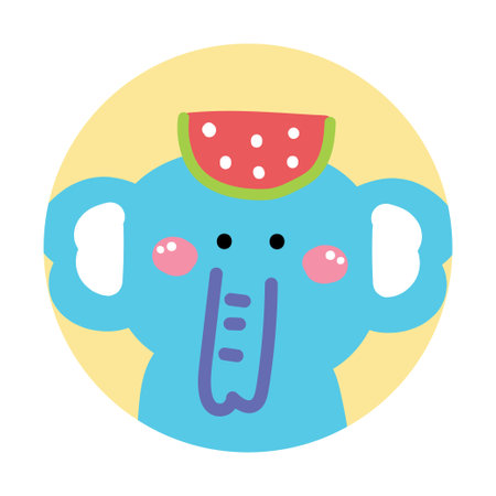 Cute elephant with a watermelon fruit on its head, set against a pastel background, displayed on a brooch pin. Wild animal character cartoon design.のイラスト素材