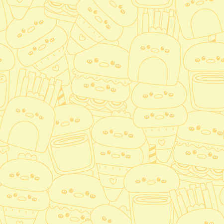 Seamless pattern of cute chicken and hen face outlines in a food concept background. Fast food. Hamburger, french fries, ice cream, drink. Farm bird animal character cartoon.のイラスト素材