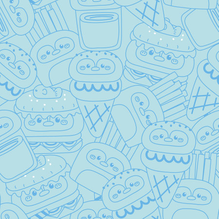 Seamless pattern of cute penguin face outlines in a food concept background. Fast food. Hamburger, french fries, ice cream, drink. Polar bird animal character cartoon.のイラスト素材