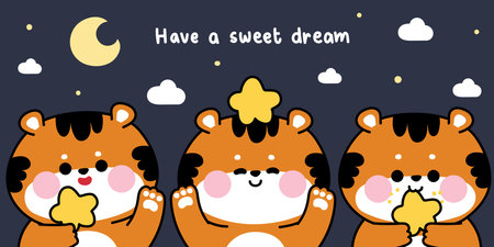 Set of cute tiger with star in various poses night background.Moon and cloud.Sweet dream.Wild animal cartoon.Image for card,sticker,baby clothing,print screen.Kawaii.Vector.のイラスト素材