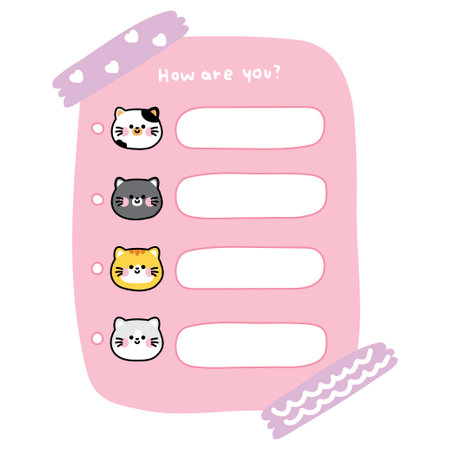 Cute cat face on paper note with tape.To do list.Stationary.Writing.Meow.Pet animal character cartoon design.Kawaii.Vector.Illustration.のイラスト素材