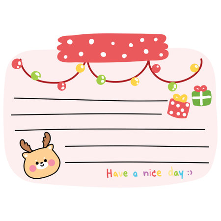 Cute deer face with light and gift box on paper note.Have a nice day.Stationary.Writing.Wild animal character cartoon design.Kawaii.Vector.Illustration.のイラスト素材