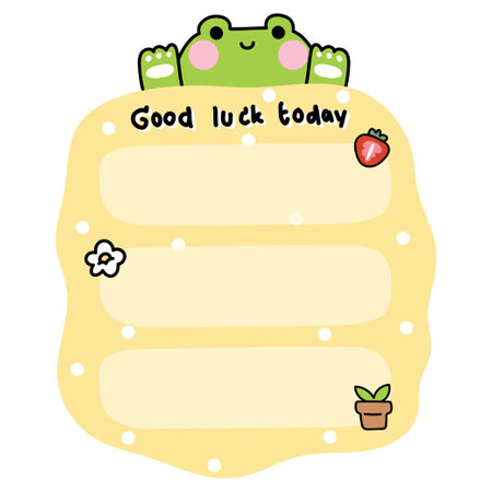 Cute frog greeting on paper note.To do list.Stationary.Writing.Flower,strawberry,plant pots.Reptile animal character cartoon design.Kawaii.Vector.Illustration.のイラスト素材