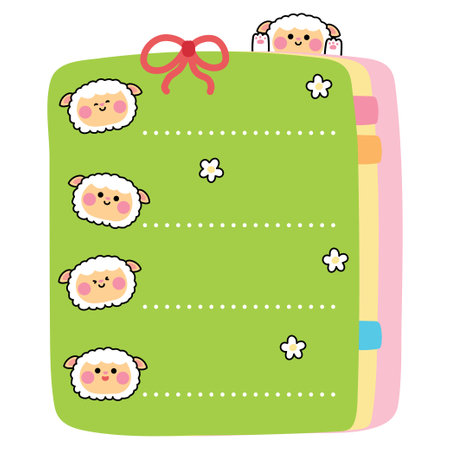 Cute sheep face with bow and flower on paper note.To do list.Stationary.Writing.Farm animal character cartoon design.Kawaii.Vector.Illustration.のイラスト素材