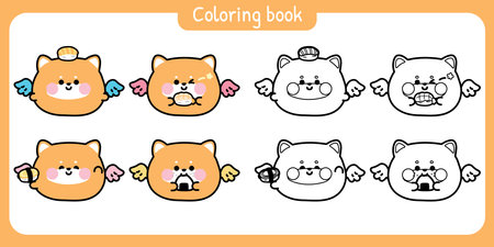 Coloring pages.Cute round shape shiba inu dog have wing fly with sushi is japanese food.Angle.Japanese pet animal character cartoon.Painting book.Kawaii.Vector.Illustration.のイラスト素材