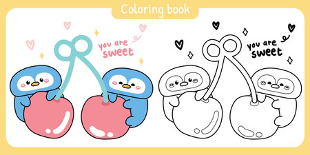 Coloring pages.Cute penguins stay on cherry with heart and you are sweet text.Bird animal character cartoon design.Arctic,polar,north pole.Painting book.Kawaii.Vector.Illustration.のイラスト素材
