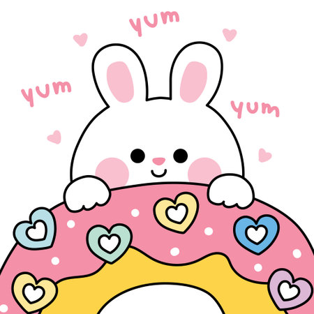 Cute rabbit stay on heart candy strawberry flavor donut.Sweet and dessert.Bakery.Rodent animal character cartoon design.Kawaii.Vector.Illustration.のイラスト素材