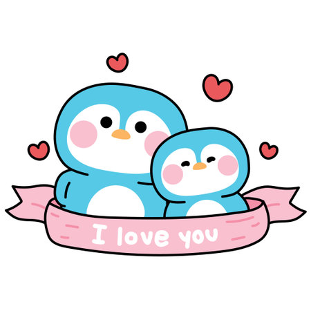 Cute penguin mom and baby with ribbon.Heart.Love.Mother day.Arctic,polar,north pole.Animal character cartoon.Kawaii.Vector.Illustration.のイラスト素材