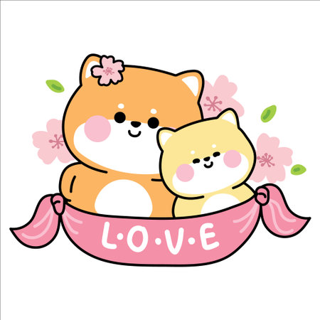 Cute shiba inu dog mom and baby with ribbon.Sakura flower and leaf.Love.Mother day.Animal japanese pet character cartoon.Kawaii.Vector.Illustration.のイラスト素材