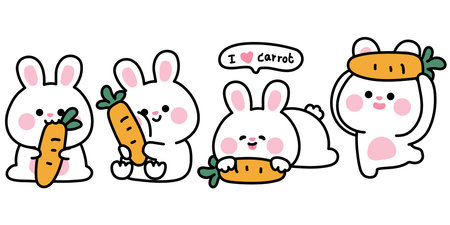 Set of cute rabbit in various poses with carrot.I love carrot.Easter.Rodent animal character cartoon design.Image for staicker,baby product,print screen.Kawaii.Vector.Illustration.のイラスト素材