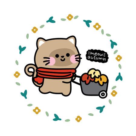 Cute cat hold red leaf in trolley with circle frame.Autumn and fall season.Meow.Pet animal character cartoon.Image for sticker,print screen,decorated.Kawaii.Vector.Illustration.のイラスト素材