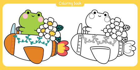 Coloring pages.Cute frog drive rocket space carry flower.Reptile animal character cartoon.Floral and vine.Painting book.Kawaii.Vector.Illustration.のイラスト素材