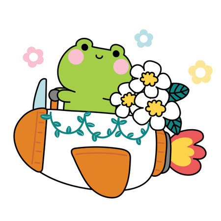 Cute frog drive rocket space carry flower.Reptile animal character cartoon.Floral and vine.Image for baby product,sticker,print screen.Kawaii.Vector.Illustration.のイラスト素材