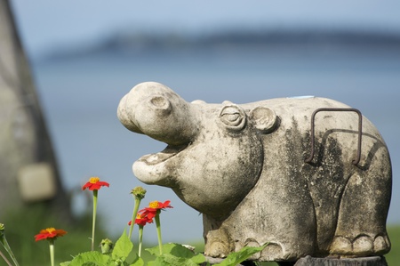 hippopotamus, stone, flower, thai, thailand, siamの写真素材